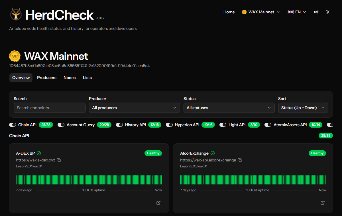 HerdCheck in dark mode, showing WAX node health and uptime history.