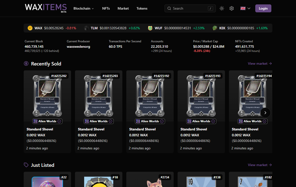 WAX Items in dark mode, showing blockchain activity and NFT listings.